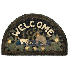Antique Hooked Demi Lune Rug in Green with Animal Pictorials - Rug & Kilim