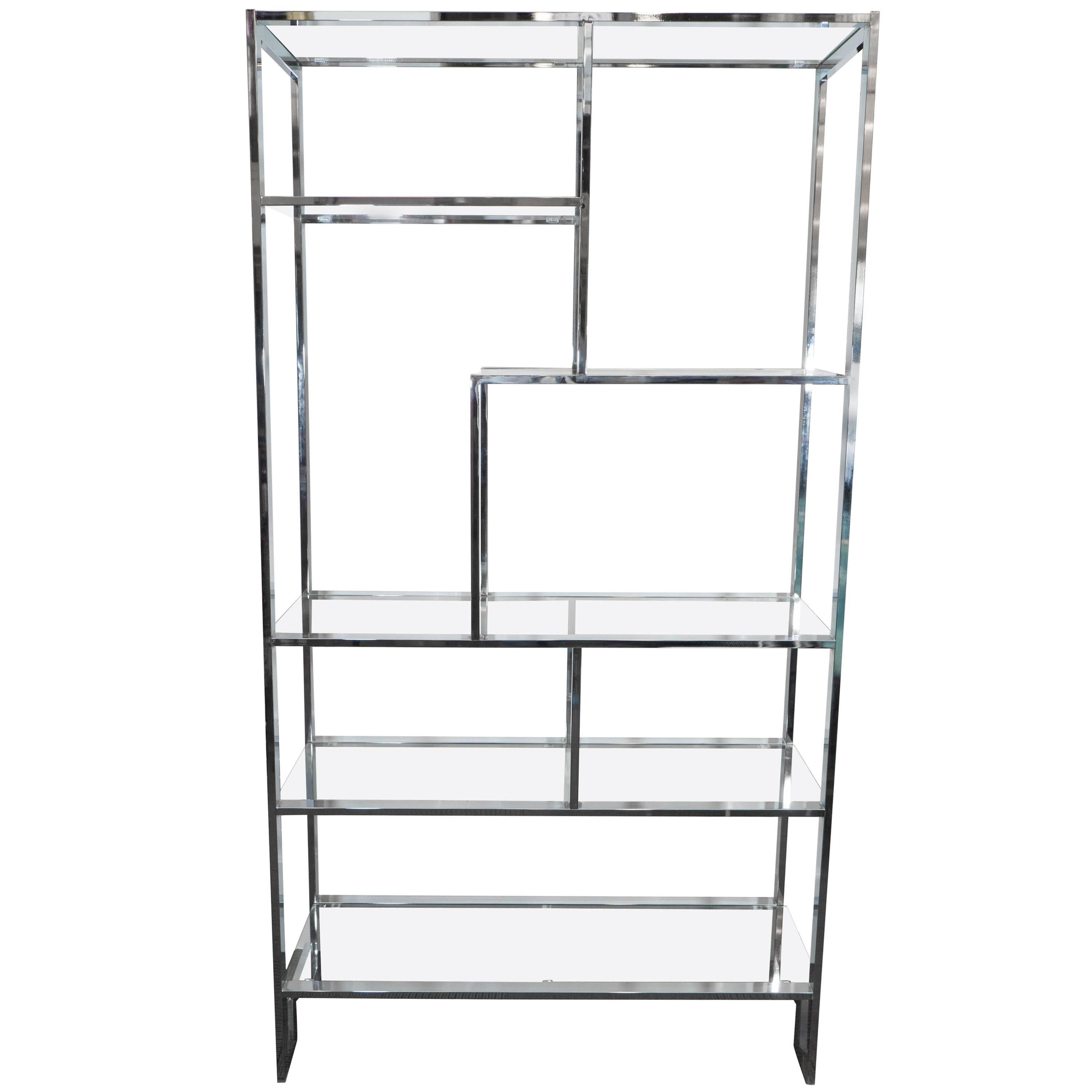 Milo Baughman Etagere in Chrome and Glass Shelves with Greek Key Base