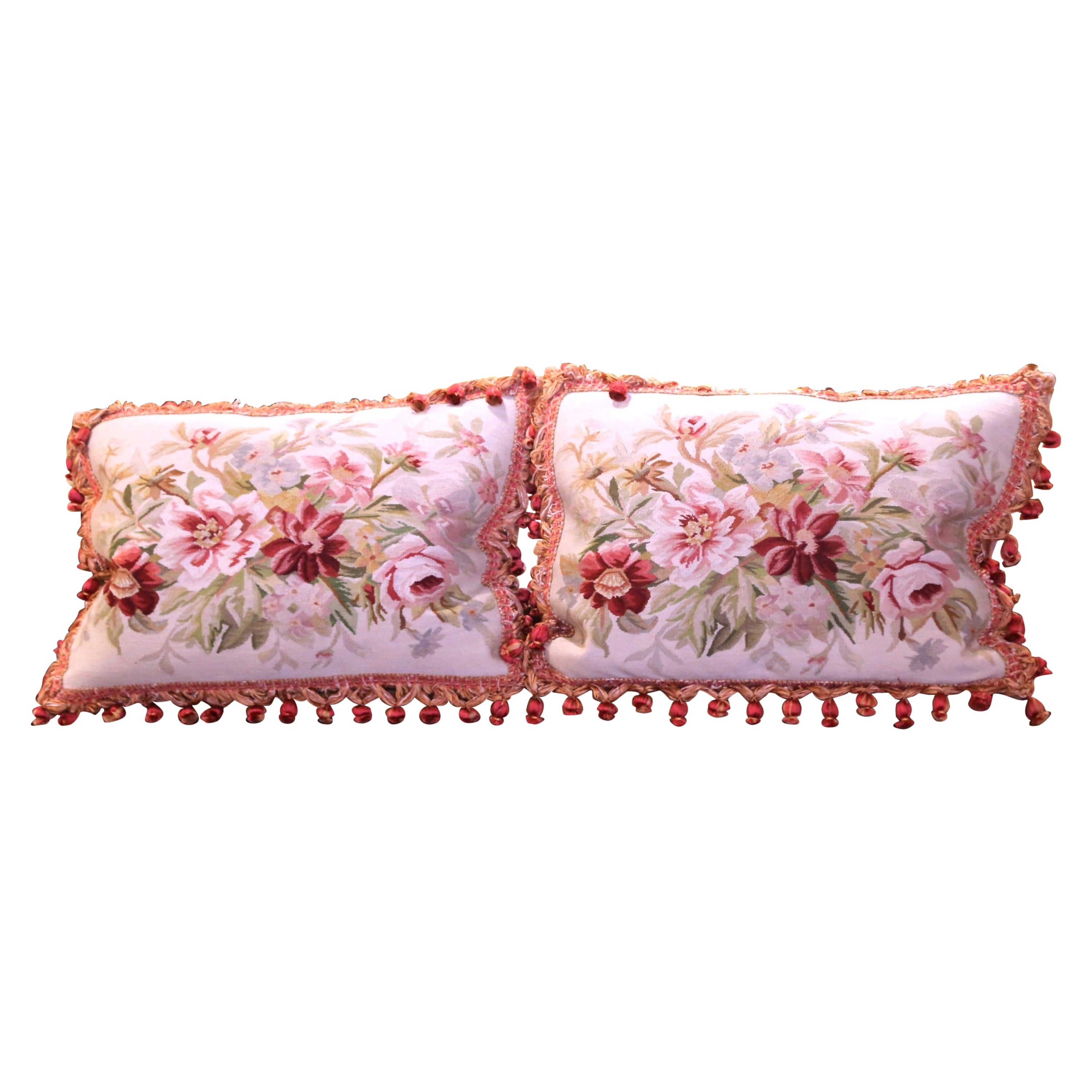 Pair of Pillows with Trim and Tassels Made with 19th Century Aubusson Tapestry