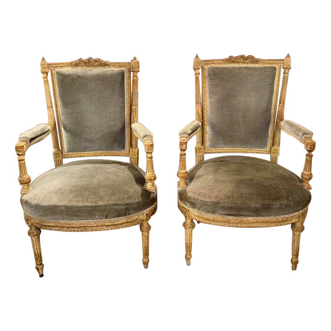 19th Century French Carved and Painted Louis XVI Painted Armchairs