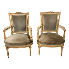 Französische geschnitzte und bemalte Louis-XVI-Sessel des 19. Jahrhunderts, bemalt