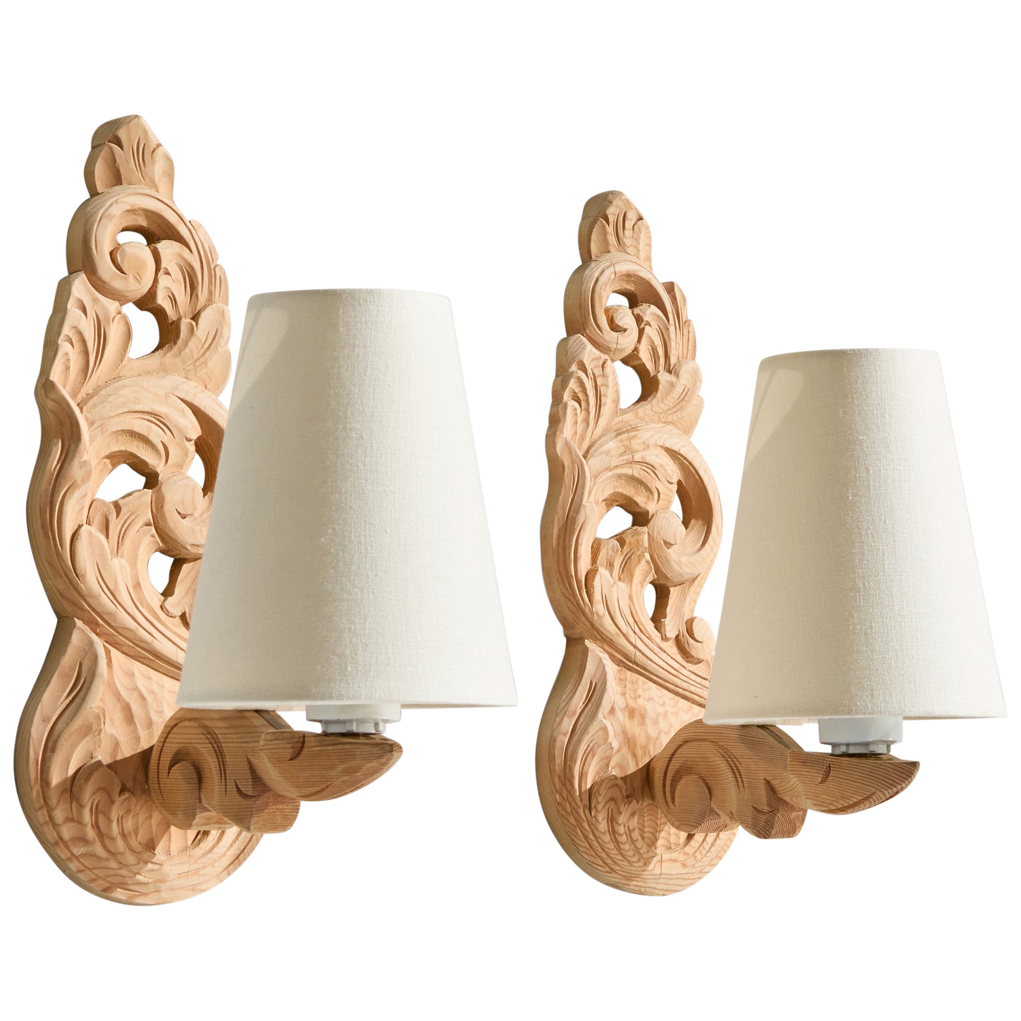Krogenæs Møbler, Wall Lights, Pine, Fabric, Norway, 1960s For Sale