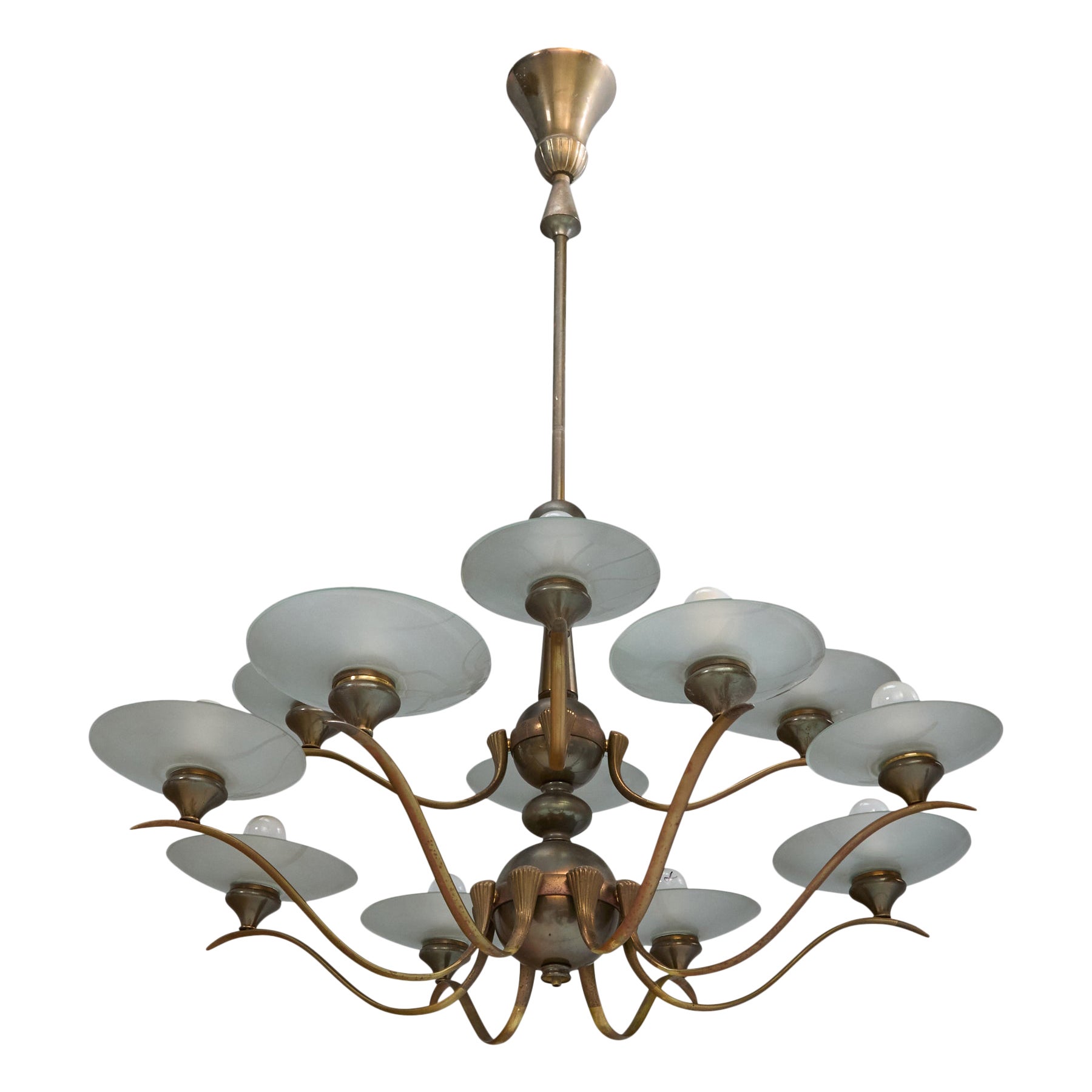 Italian Designer, Chandelier, Brass, Glass, Italy, 1950s For Sale