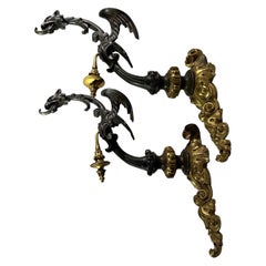 French Gothic Revival Bronze Drapery Tiebacks, Dragon Form Rocaille Base C. 1850
