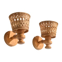 Schwedische Designerin, Wandleuchten, Kiefernholz, Rattan, Schweden, 1970er Jahre