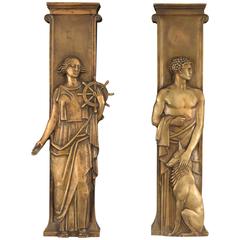 Pair of Art Deco Bronze Architectural Relief Sculptures of Saints