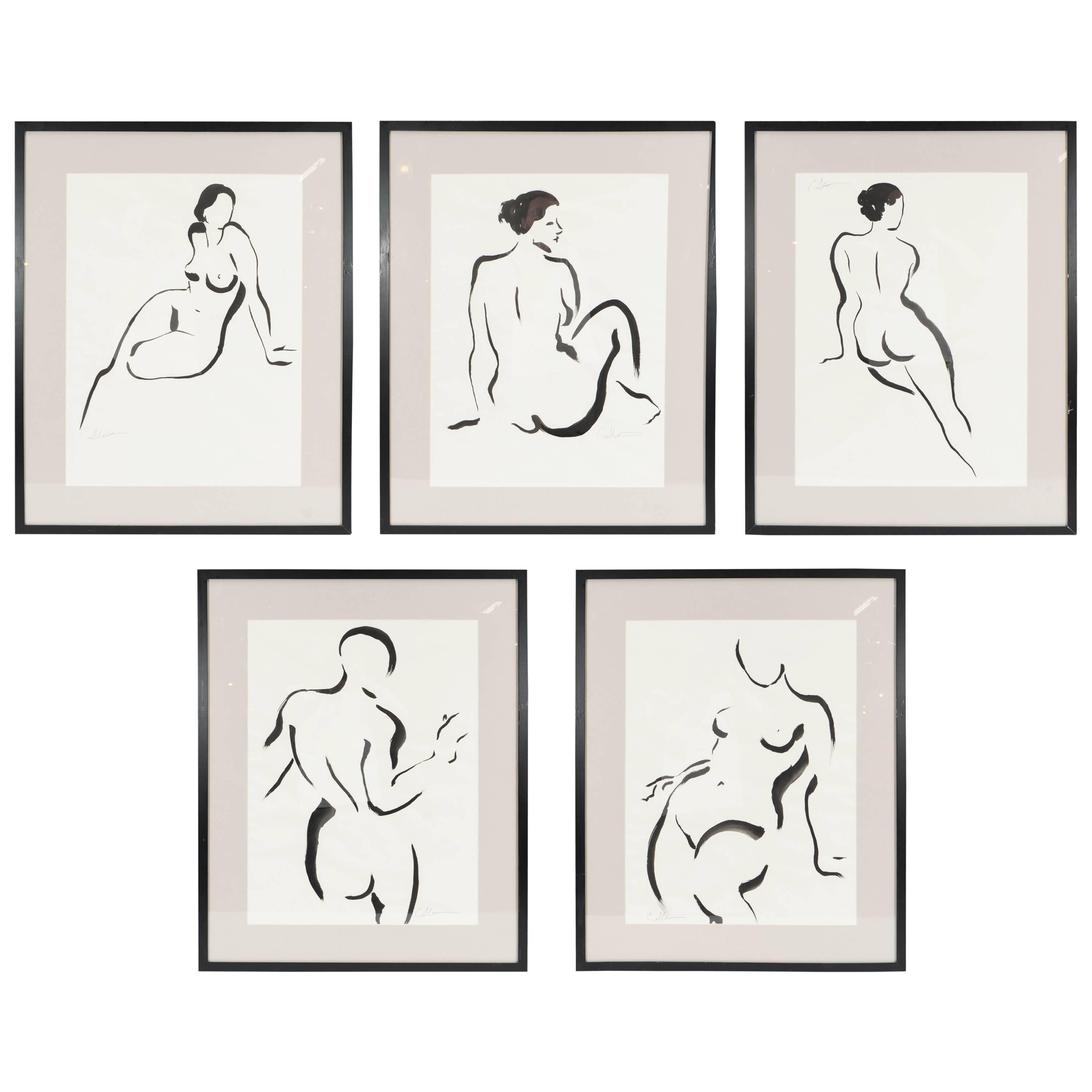 Set of Five Ink Nude Lithographs, Signed