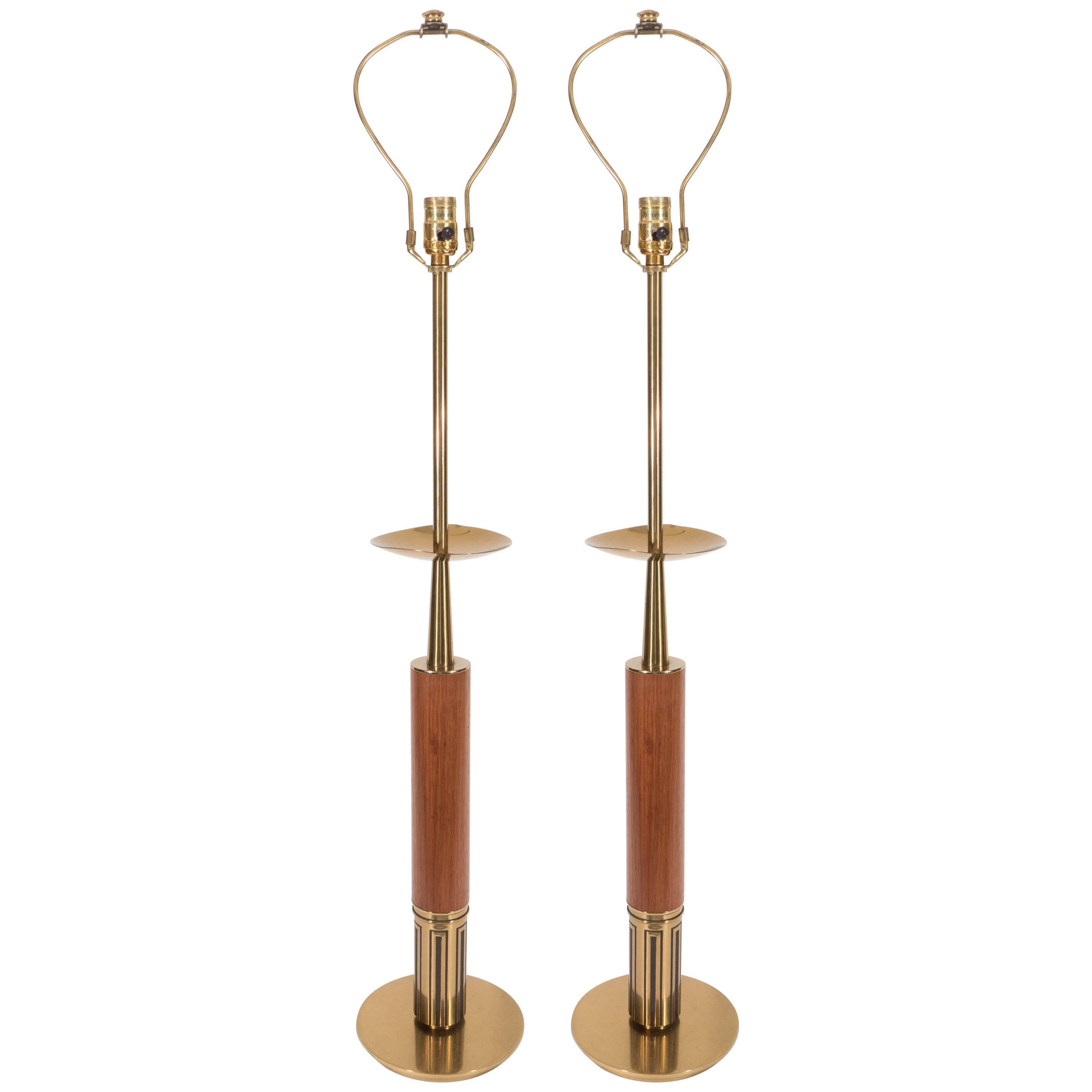 Pair of Stiffel Walnut & Brass Lamps in the Manner of Tommi Parzinger