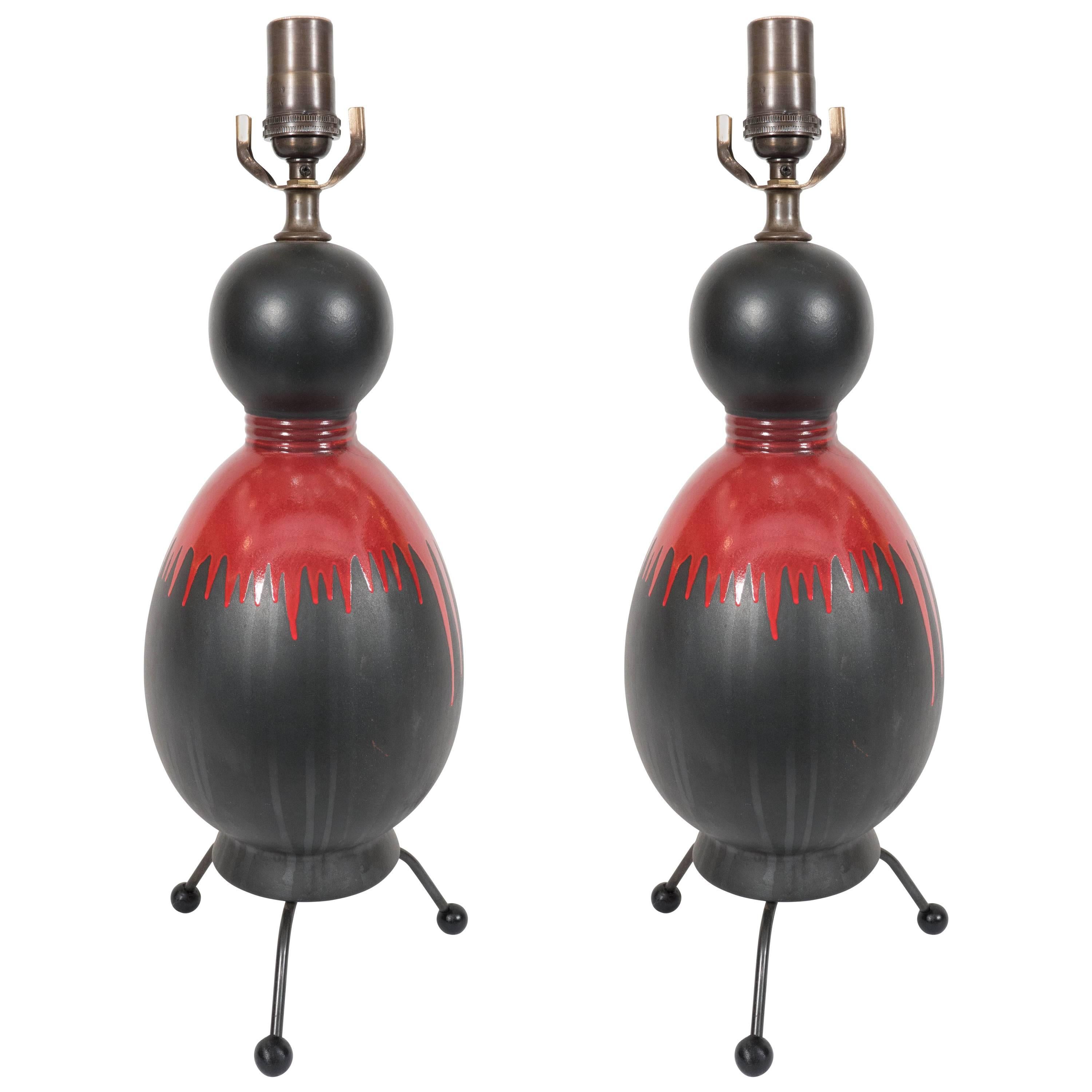 Pair of Midcentury Black Glazed Gourd Lamps with Red Drip Glaze