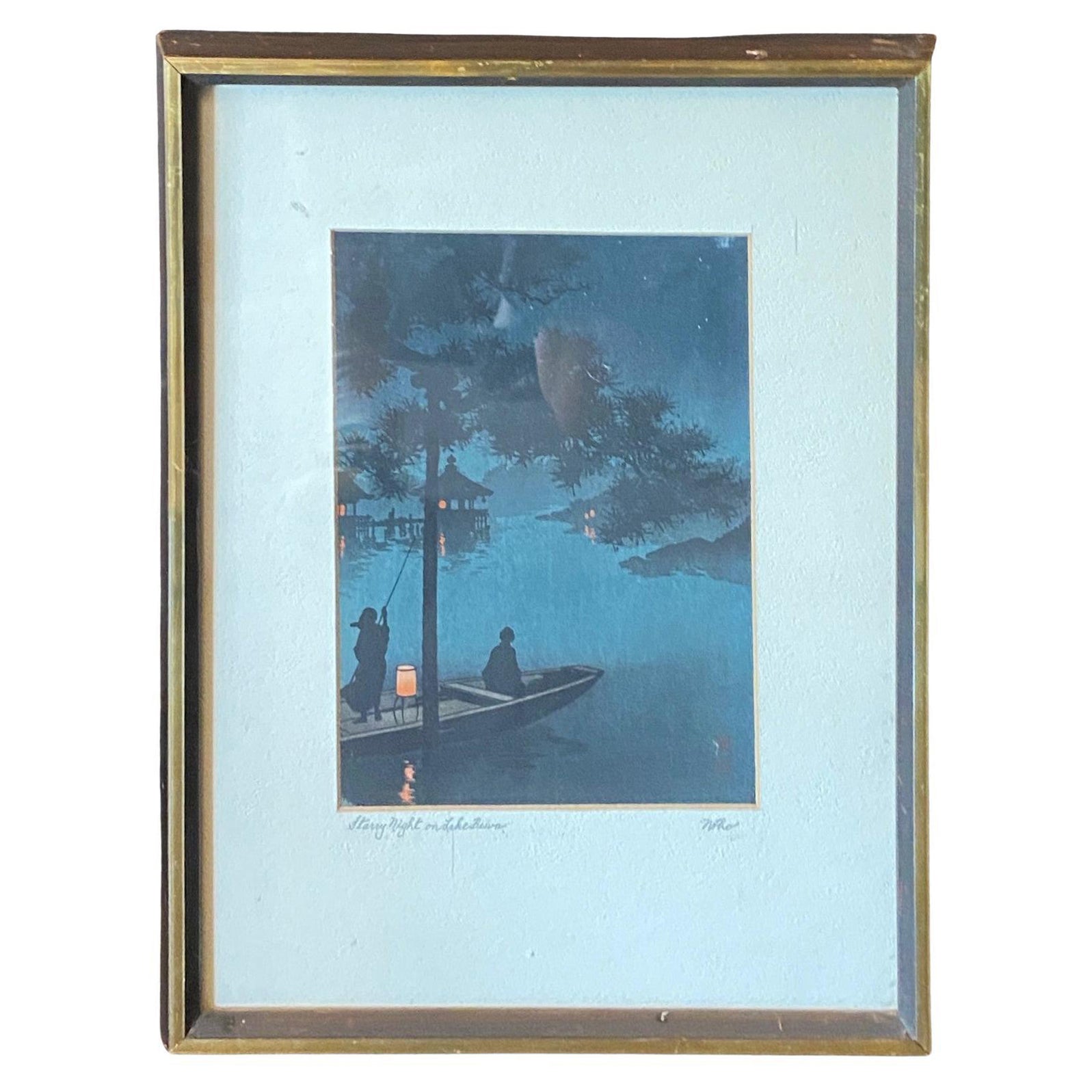 Koho Shoda Signed Japanese Early Showa Woodblock Print Starry Night On Lake Biwa