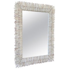 Custom Sculptural Albino Sea Urchin Spine Shell Mirror Trimmed in Cowrie Shells