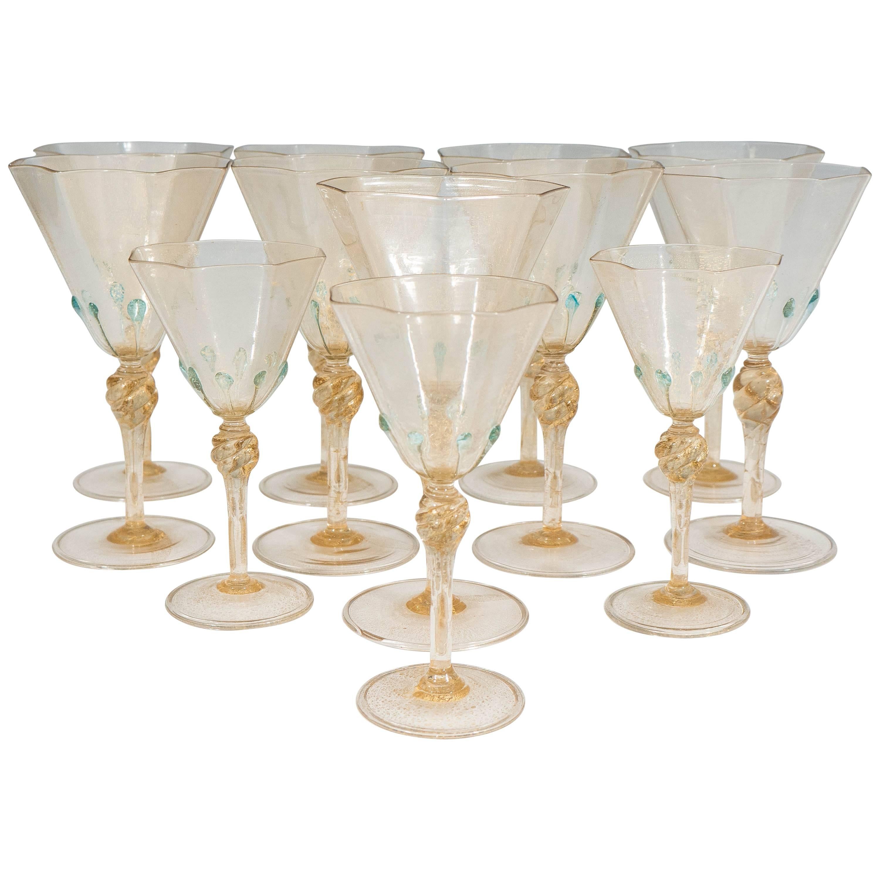 Salviati Blown Glass Gold Leaf Stemware, Set of 12