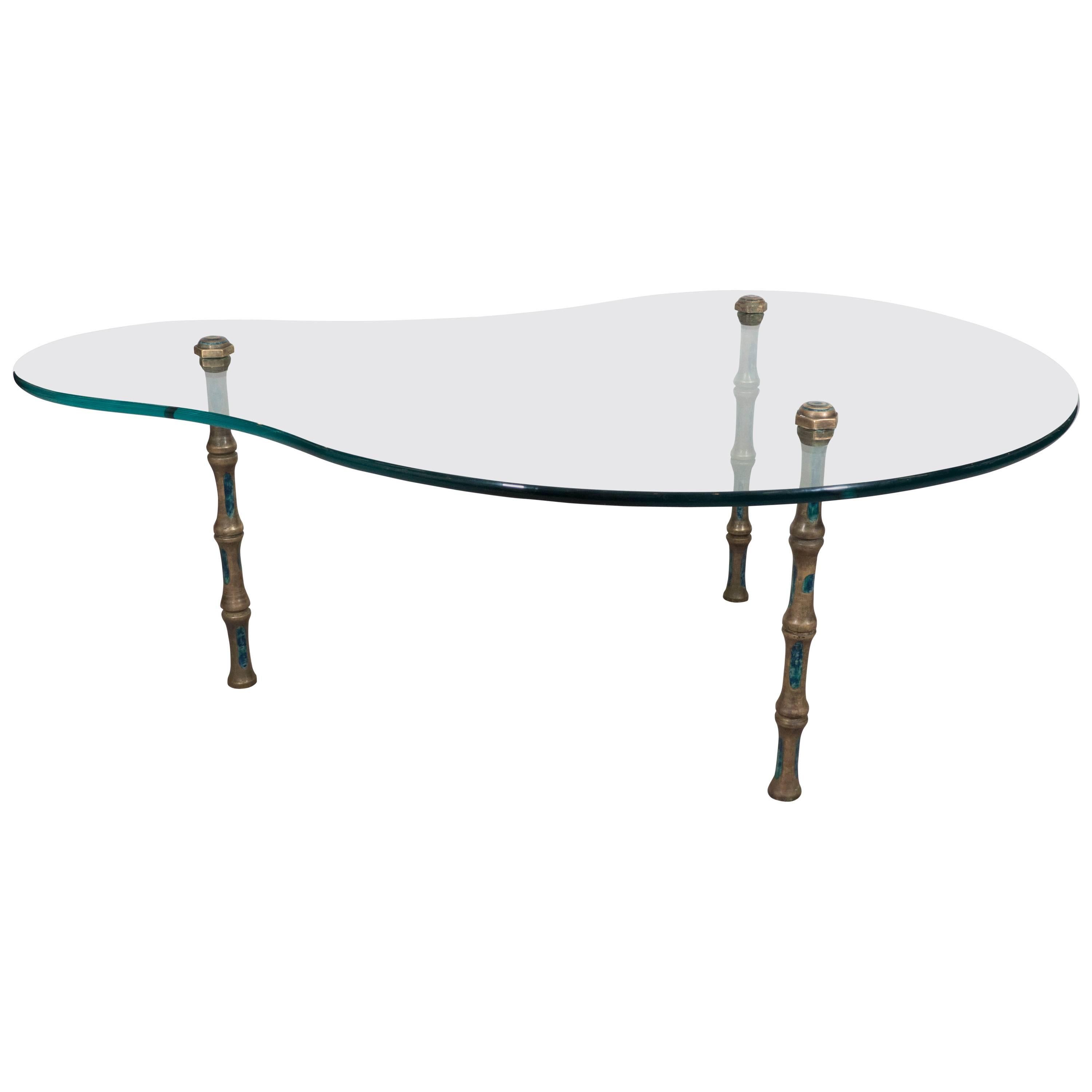 Pepe Mendoza Style Biomorphic Glass Coffee Table on Bronze Faux Bamboo Legs