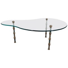 Pepe Mendoza Style Biomorphic Glass Coffee Table on Bronze Faux Bamboo Legs