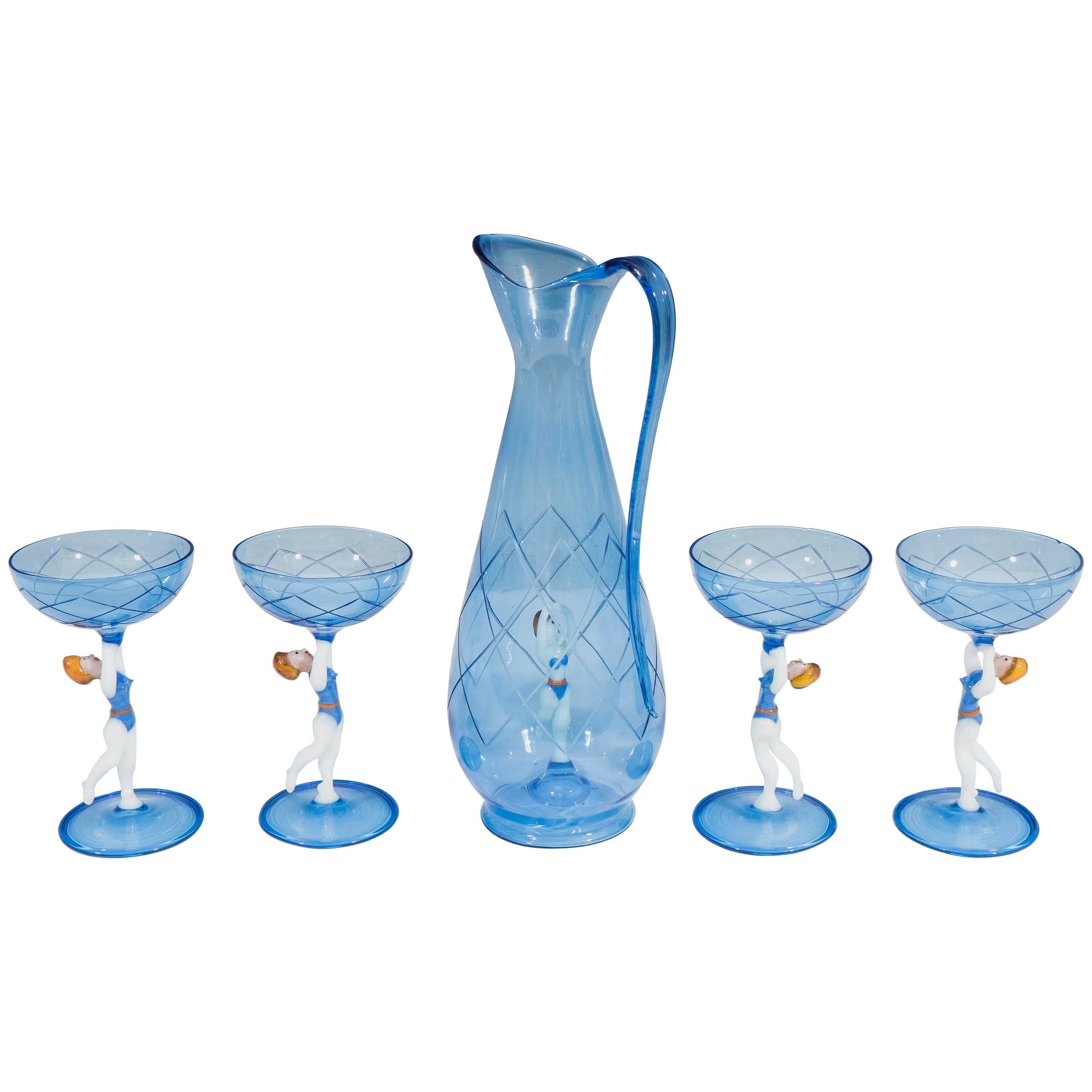 Bimini Style Art Glass Decanter and Set of Three Cordial Glasses