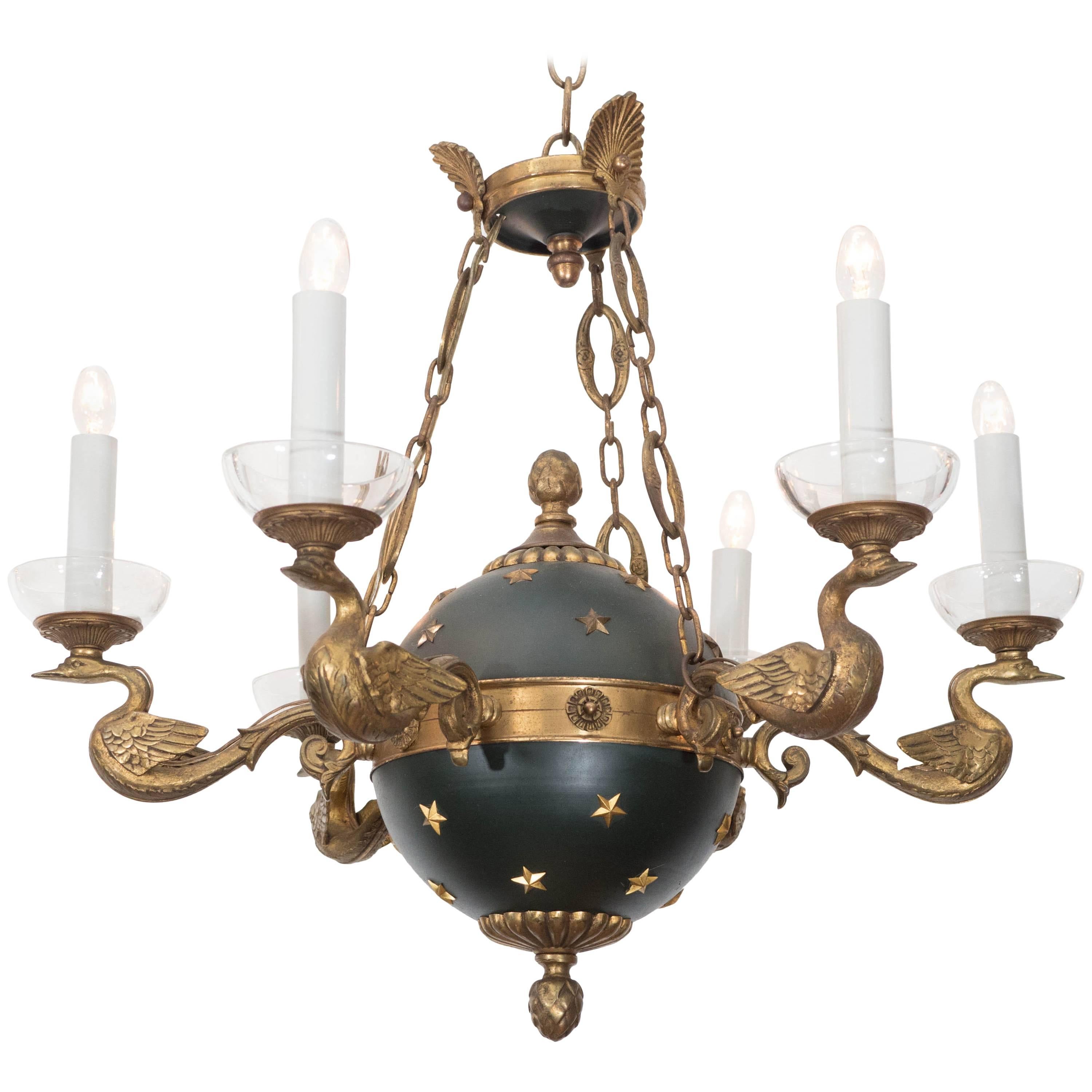 French Empire Style Chandelier with Celestial Globe and Swan Motif