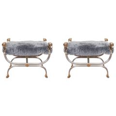 Pair of Mid-Century Maison Charles Benches in Sheepskin with Lions' Heads