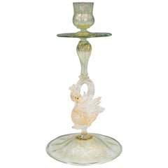 Antique Venetian Blown Glass Candlestick with Swan Motif by Salviati