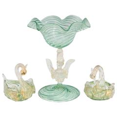 Salviati Glass Raised Bowl and Salts with Swan Motif 1