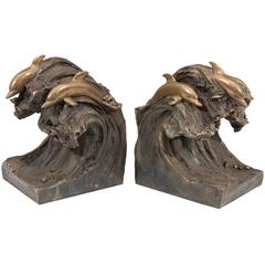 Joseph Addotta Bronze Dolphin Wave Bookends