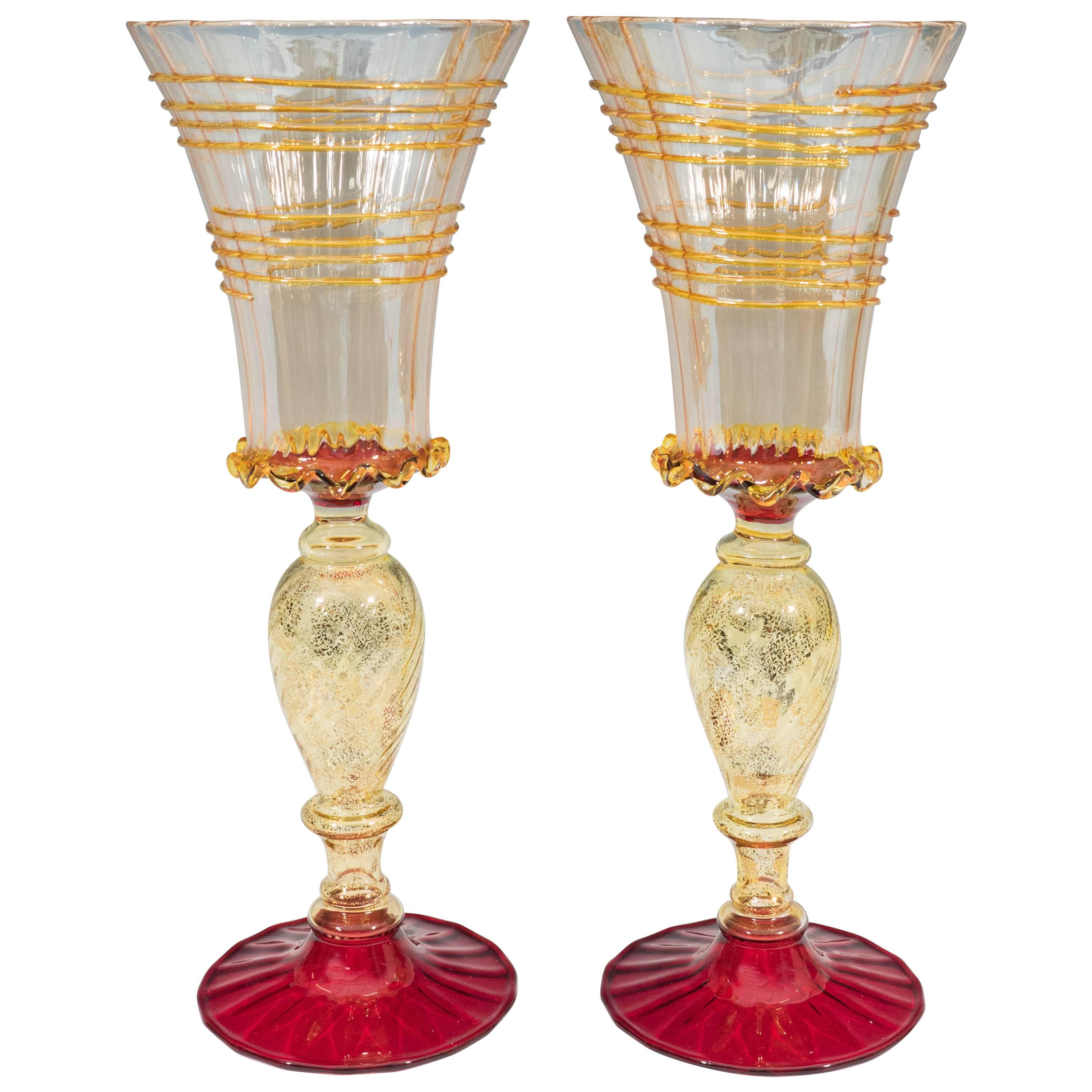 Pair of Venetian Style Red and Gold Blown Glass Goblets