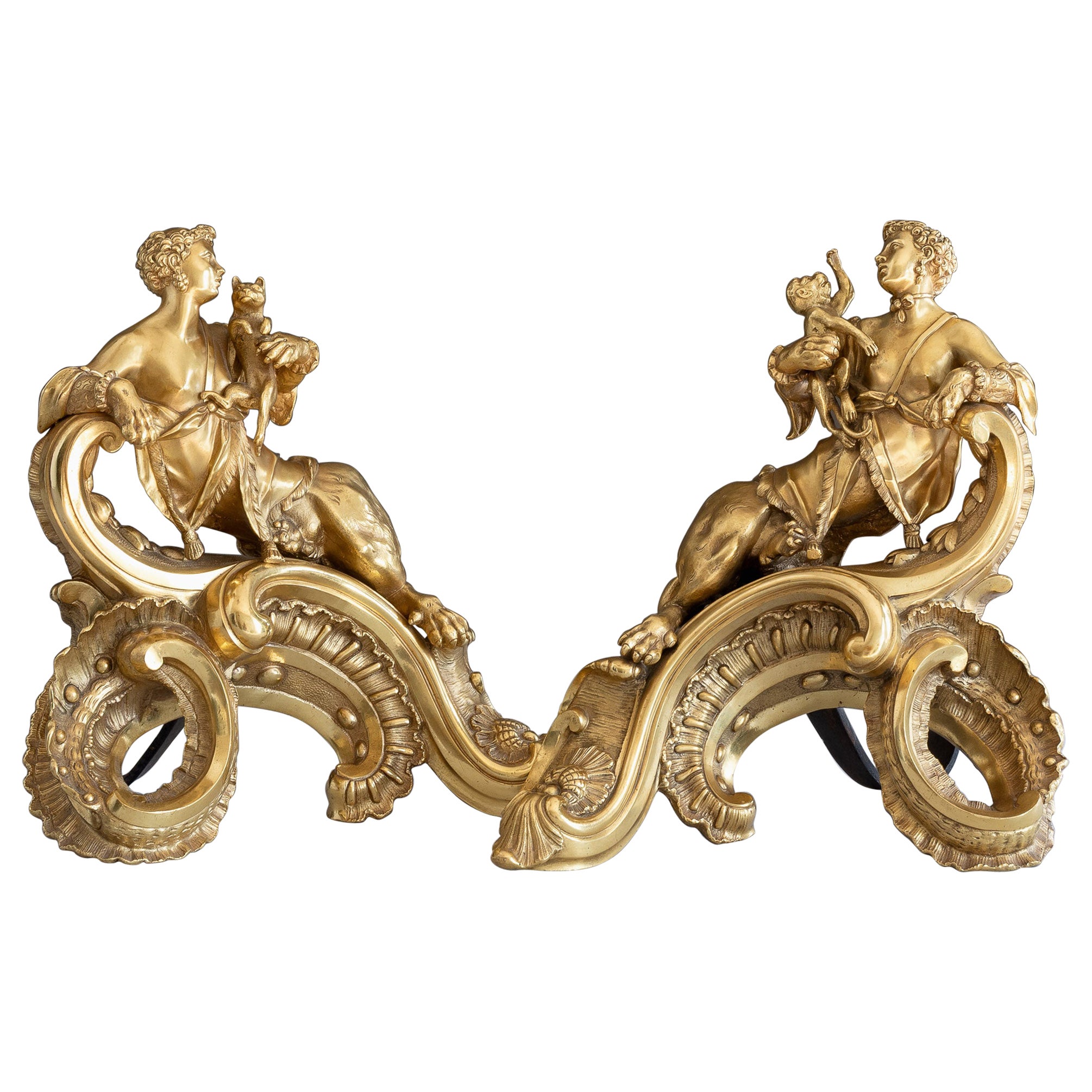 Pair of French Louis XV Style Ormolu Chenets, 19th Century