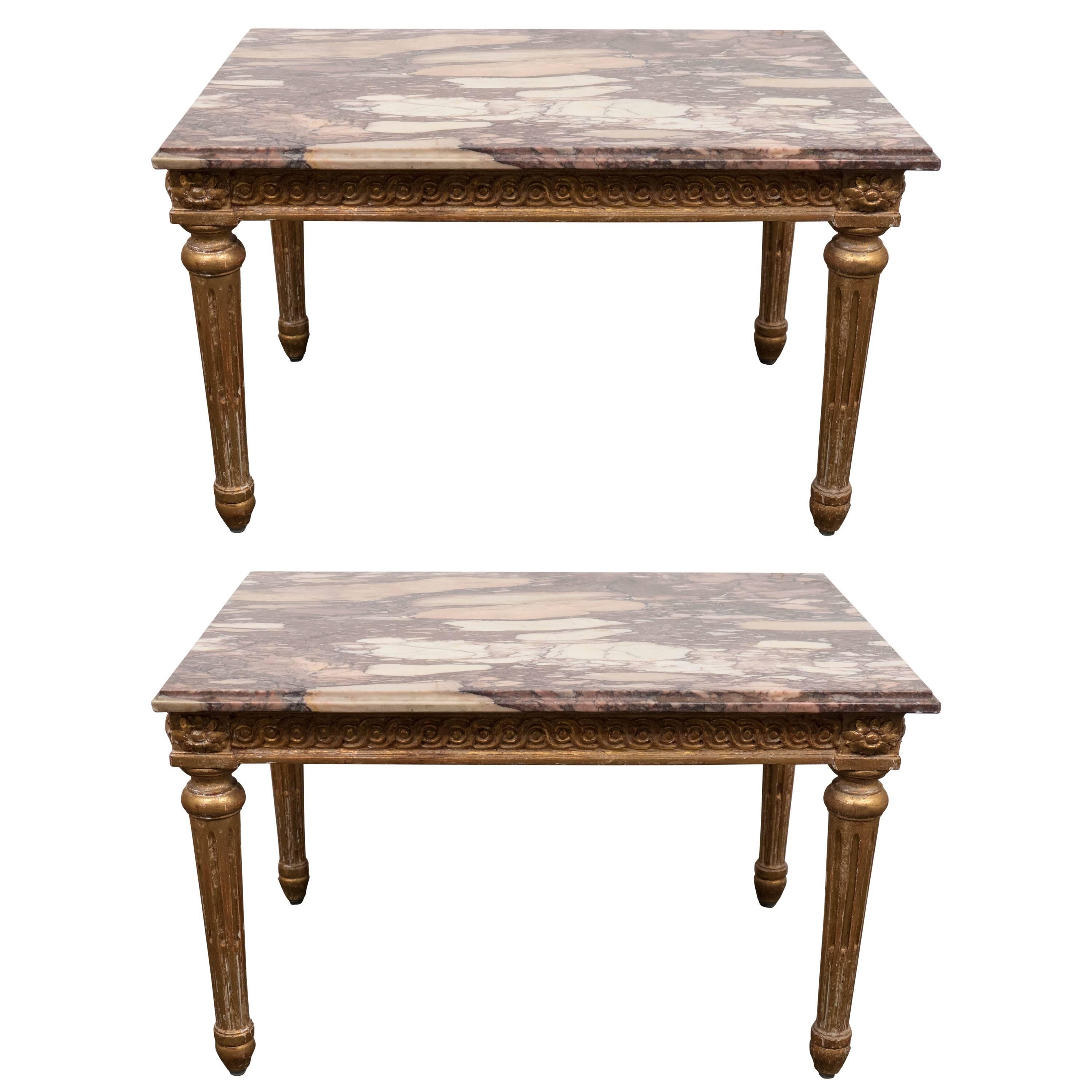 Pair of Louis XVI Style Giltwood Tables with Breche d'Alep Marble Tops