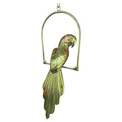 Sergio Bustamante Brass Parrot on Swing — Mid-Century Modern Mexican Folk Art