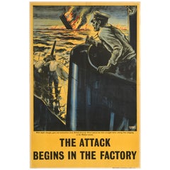 Original Vintage Cartel de Guerra El Ataque Comienza En La Fábrica Submarinos Rumbold Segunda Guerra Mundial