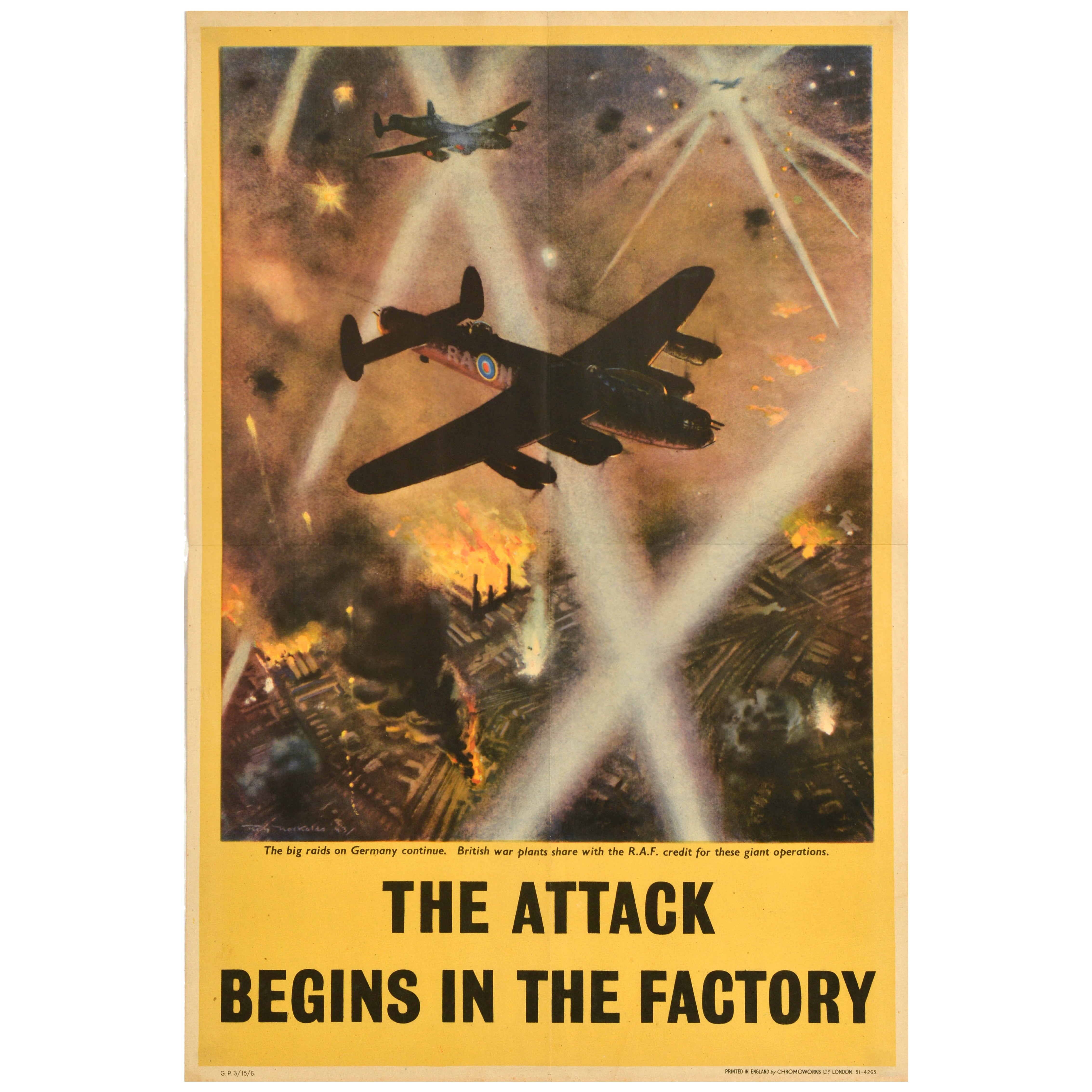 Original Vintage War Poster Attack Begins In The Factory Bomber WWII Nockolds