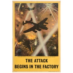 Original Vintage-Kriegsplakat „ Attack Begins In The Factory“, Bomber, WWII, Nockolds, WWII