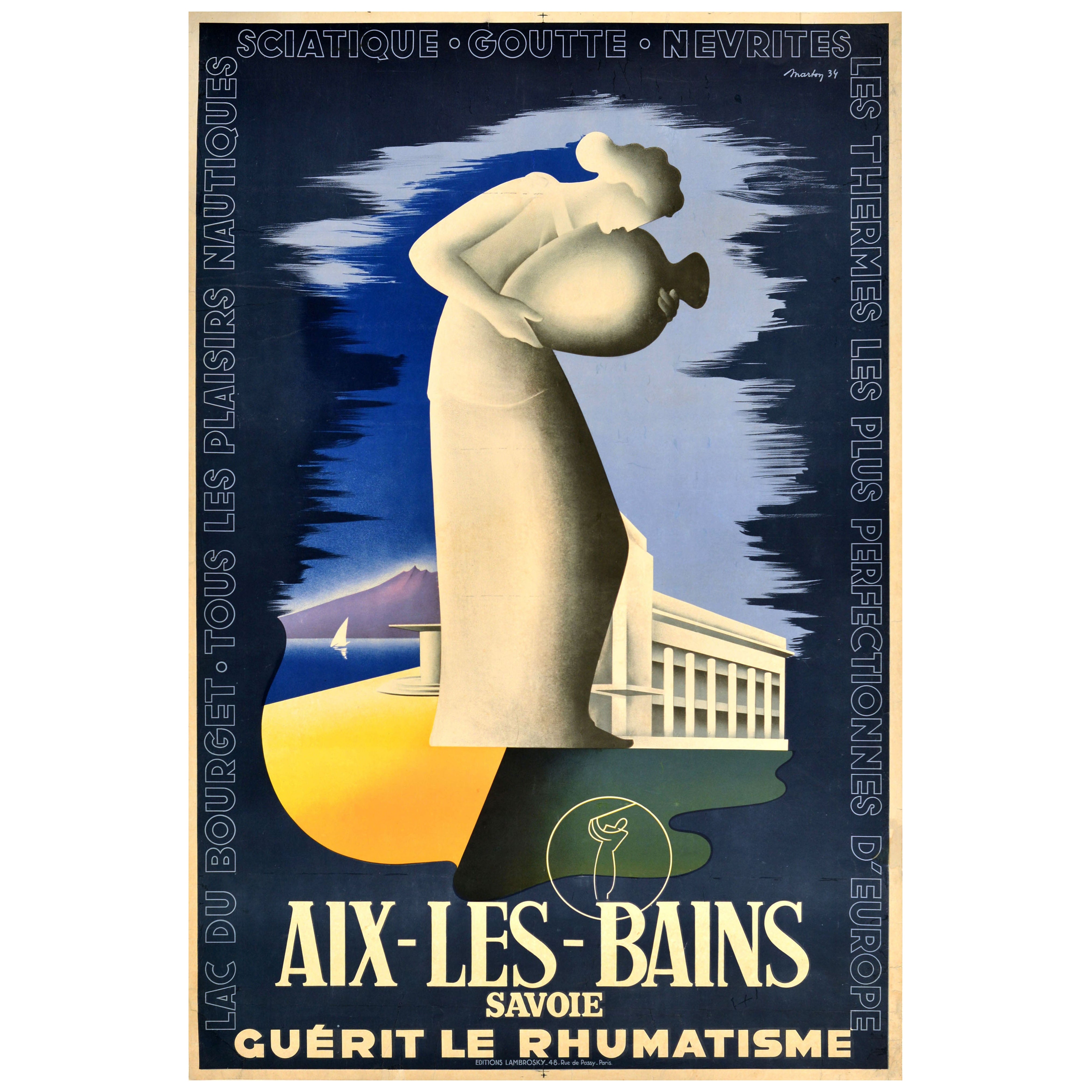 Poster di viaggio originale d'epoca Aix Les Bains Terme Golf Savoia