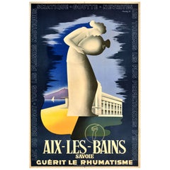 Poster di viaggio originale d'epoca Aix Les Bains Terme Golf Savoia