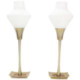Pair of Mid Century Modern Table Lamps Cone Frosted Glass Shades 