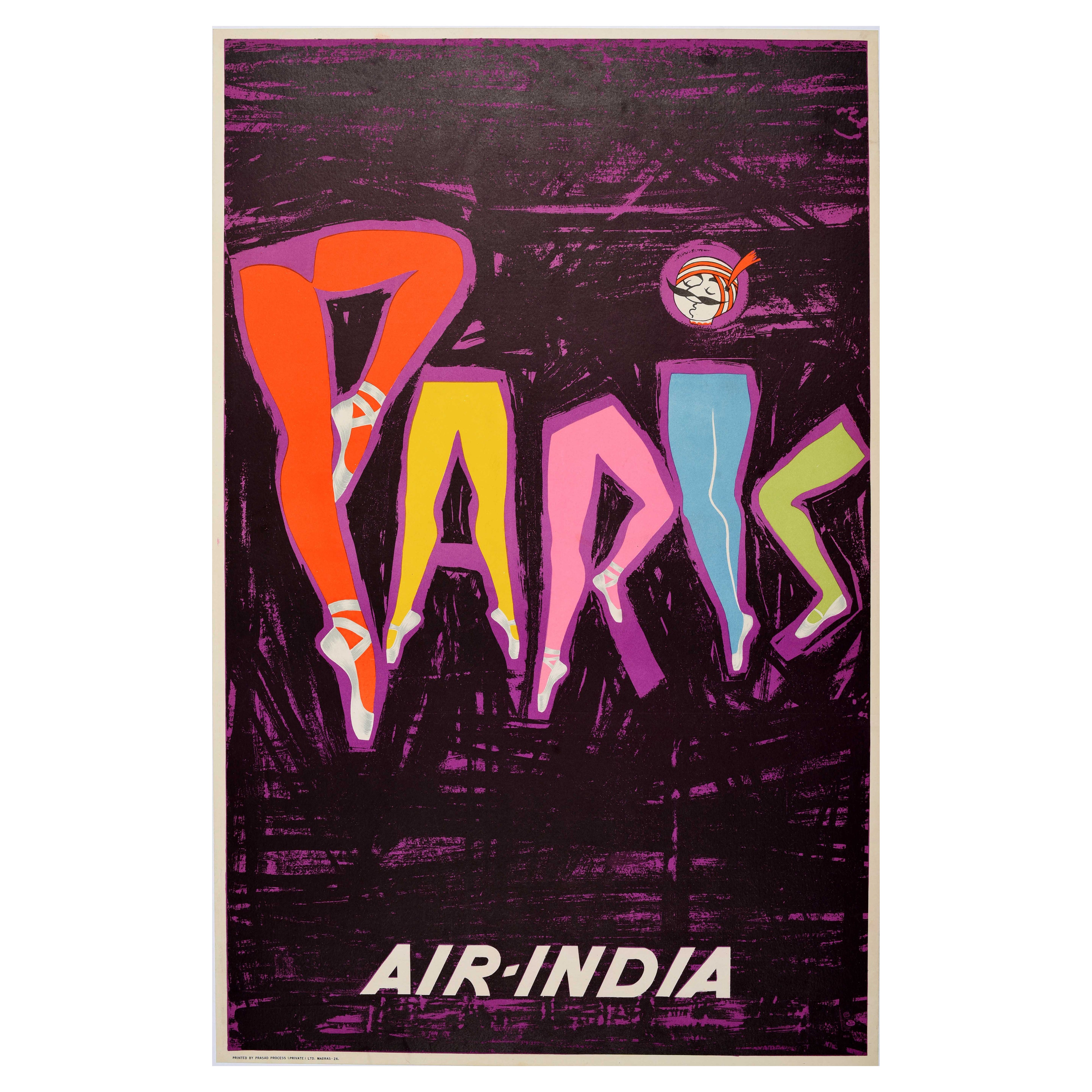 Poster di viaggio originale d'epoca Air India Paris France Legs Maharaja Kooka Rao
