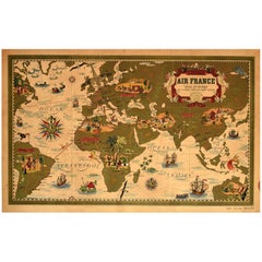 Affiche de voyage originale d'Air France Planisphere New And Old Lucien Boucher