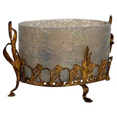 Rare French Art Nouveau Brass and Opalescent Glass Cachepot, Late 19th Century