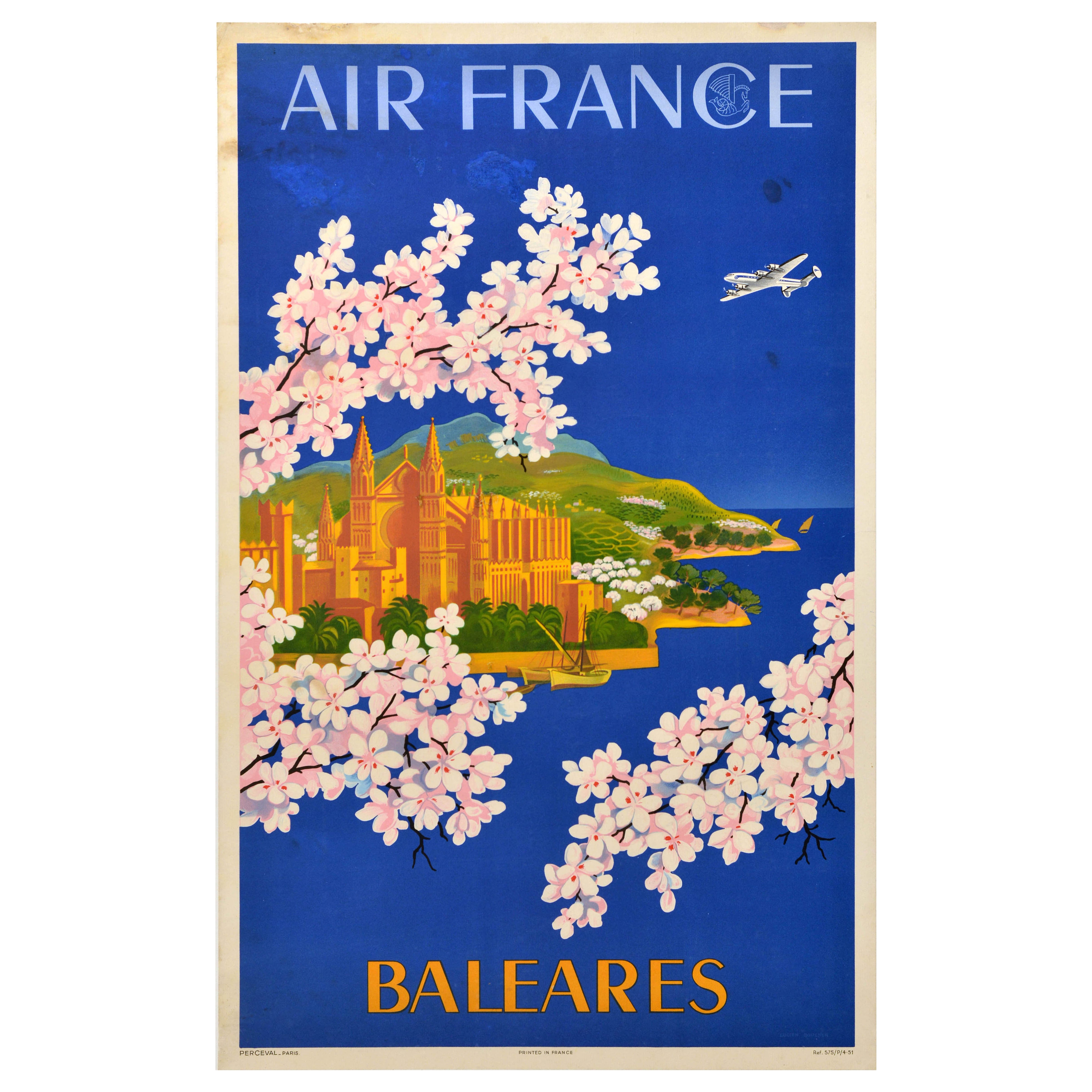 Affiche publicitaire originale de voyage Air France Baleres Lucien Boucher