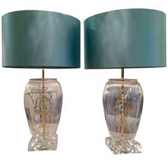 Pair of Murano and Brass Lamps