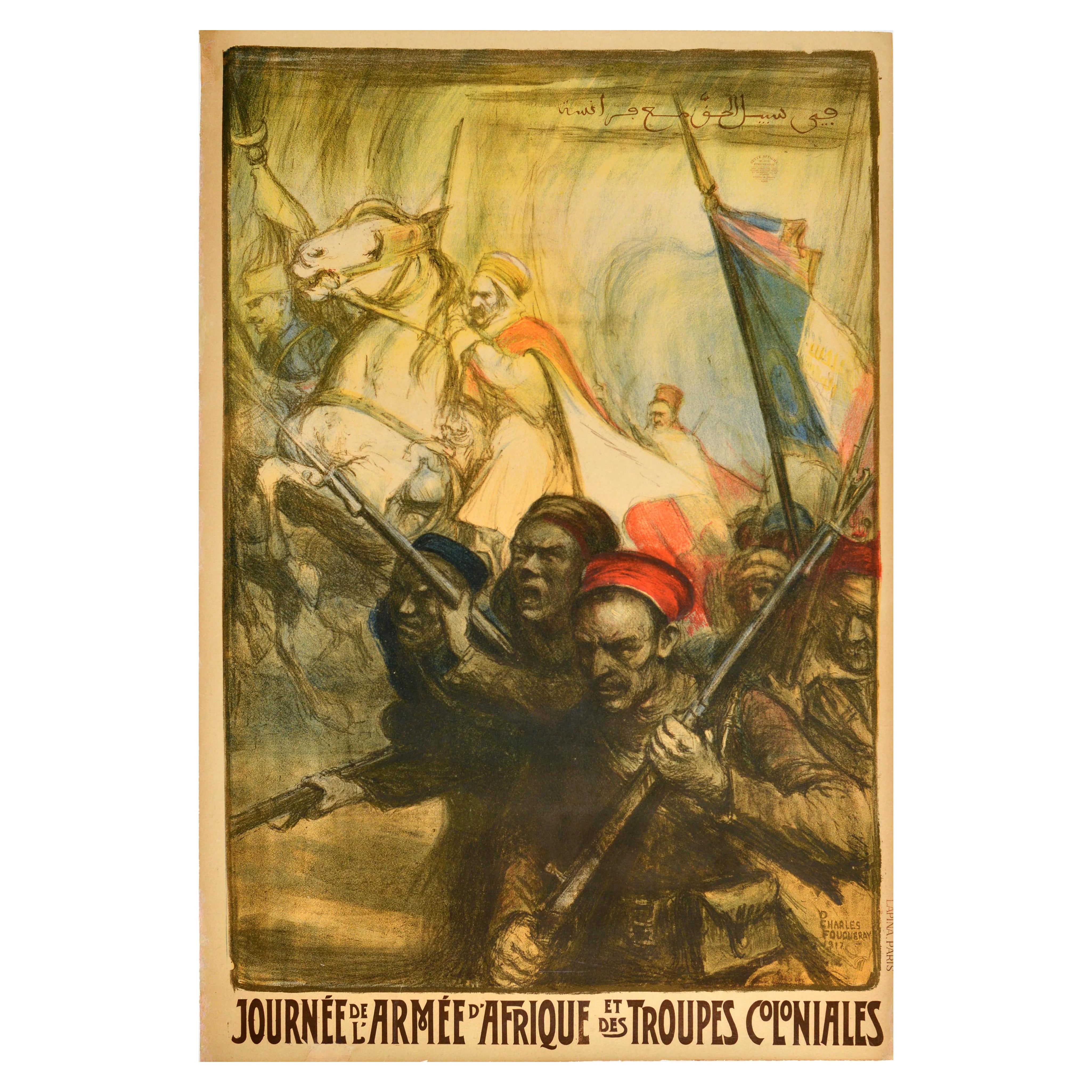 Poster originale antico della Prima Guerra Mondiale Esercito Africano Coloni Day WWI