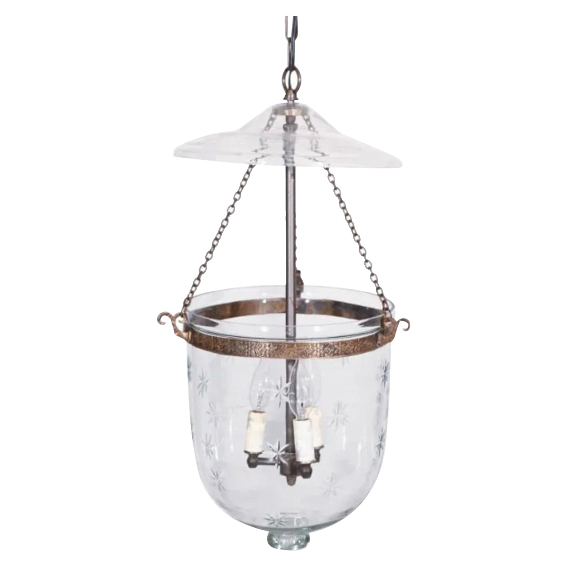 Wonderful Brass Blown Etched Glass Star Bell Jar Lantern Vaughan Light Fixture
