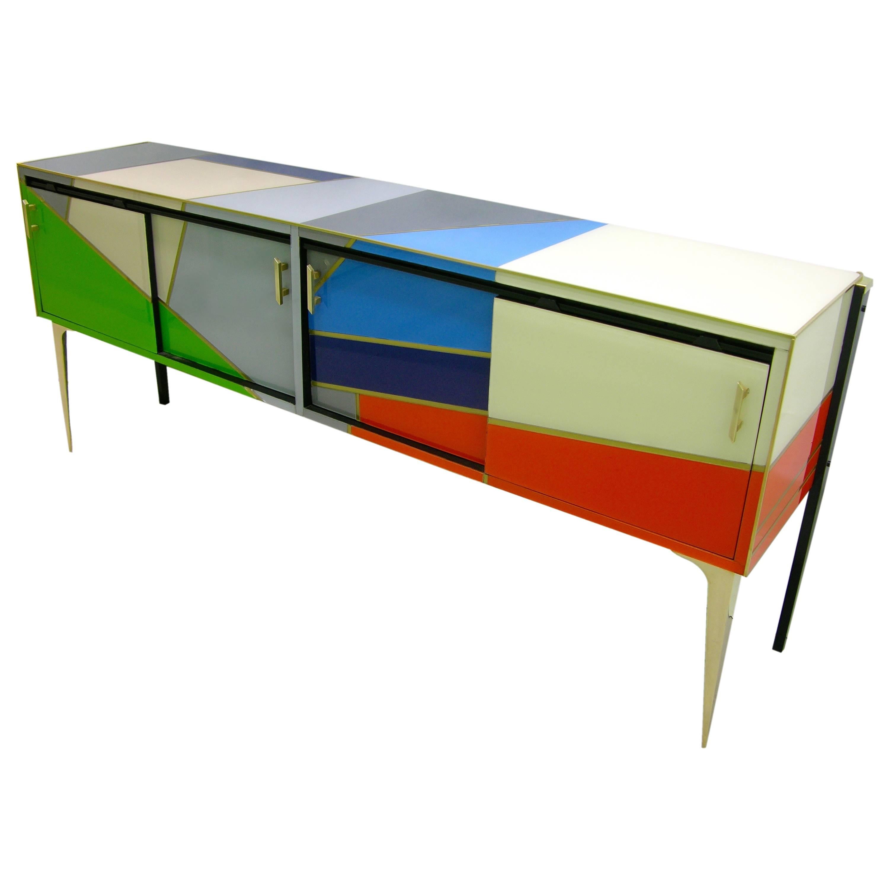 1980 One-of-a-Kind Italian Modern Colored Glass Sideboard with Sliding Doors