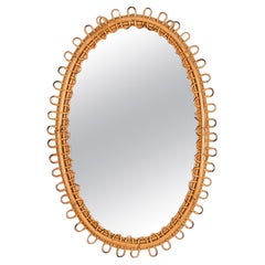 Franco Albini Oval Curved Rattan and Bamboo Mirror, Italy 1960s