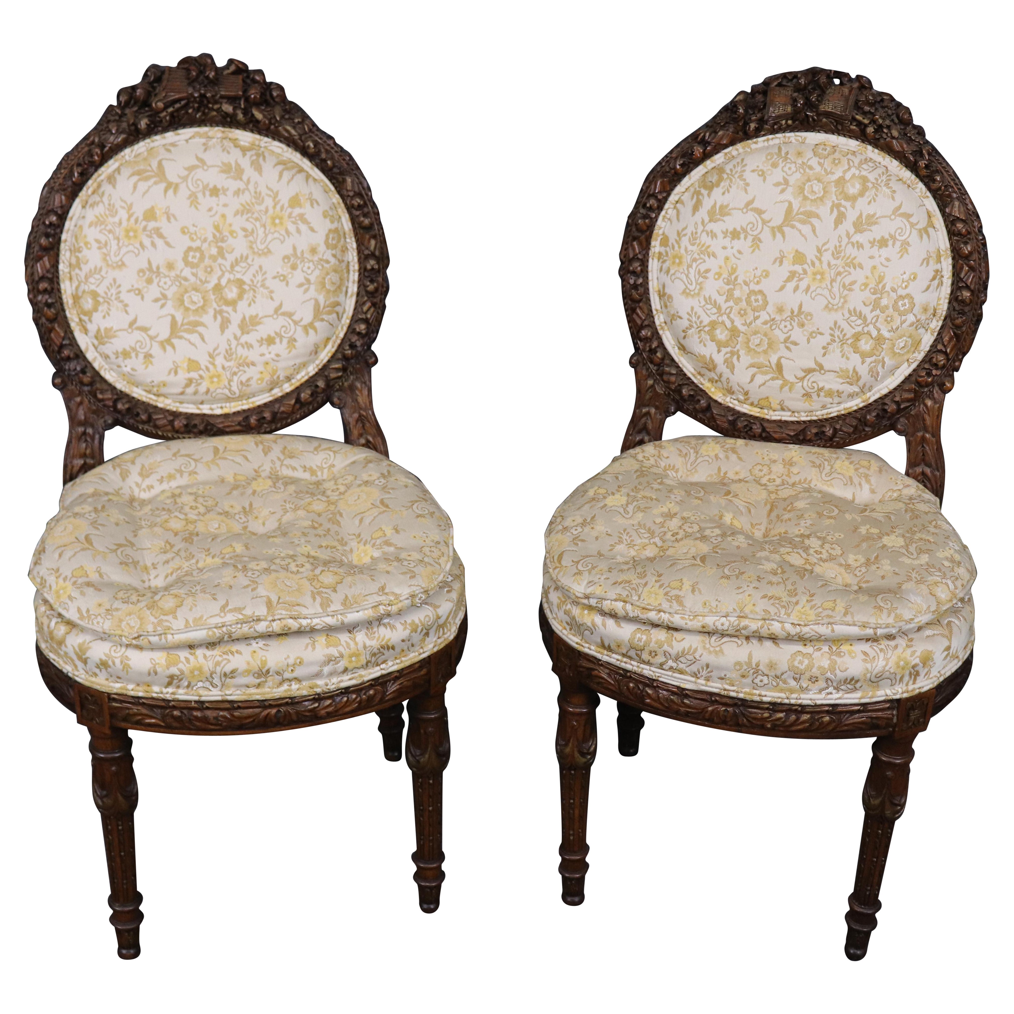 Pair Superb Carved Walnut French Louis XV Boudoir Side Chairs Circa 1920