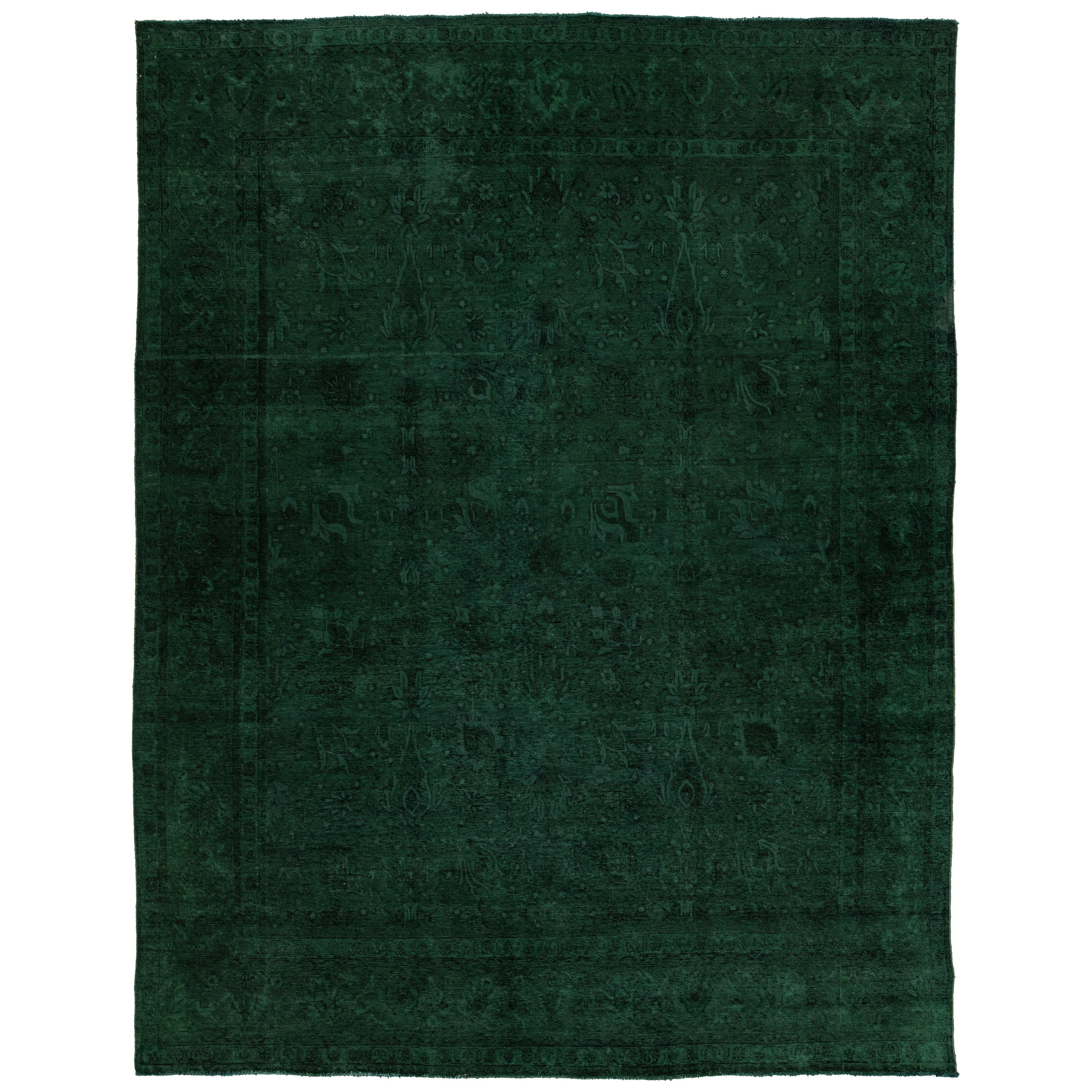 10 x 13 Green Overdyed Persian Wool Rug with Floral Design