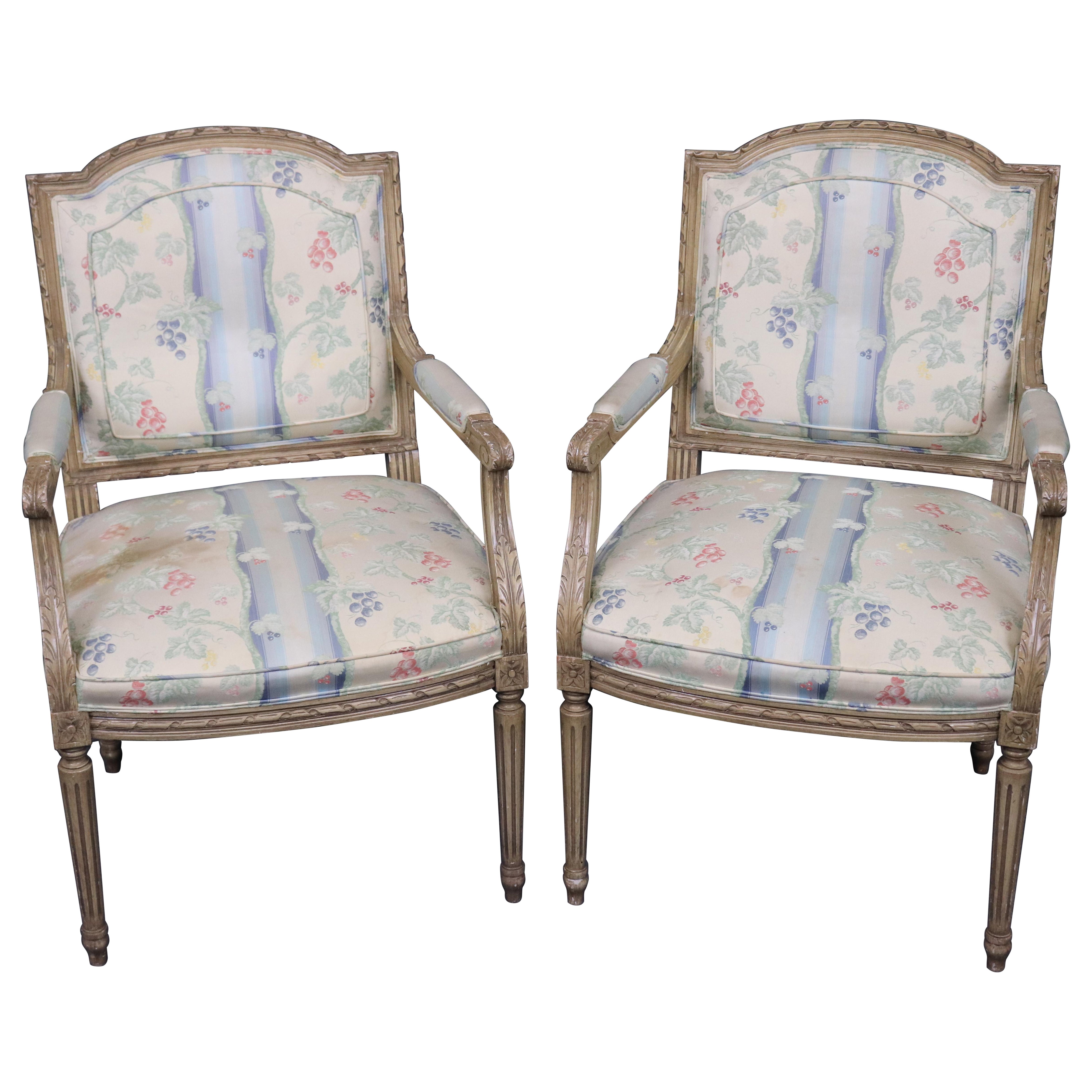 Pair Fine Quality Paint Decorated French Louis XVI Style Armchairs For Sale