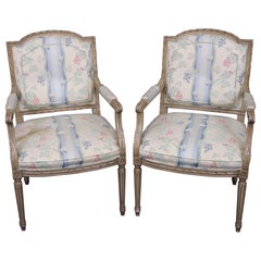 Pair Fine Quality Paint Decorated French Louis XVI Style Armchairs