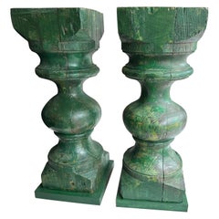 Antique Pair of Emerald Green Weathered Carved Wood Pedestals, PAIR