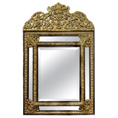 19th Century Dutch Ebony and Brass Repousse' Cushion Mirror