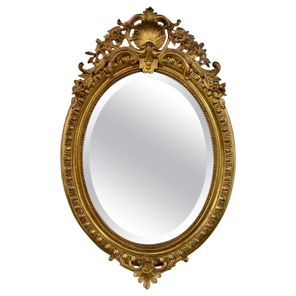 19th Century French Louis XVI Oval Carved and Giltwood Mirror